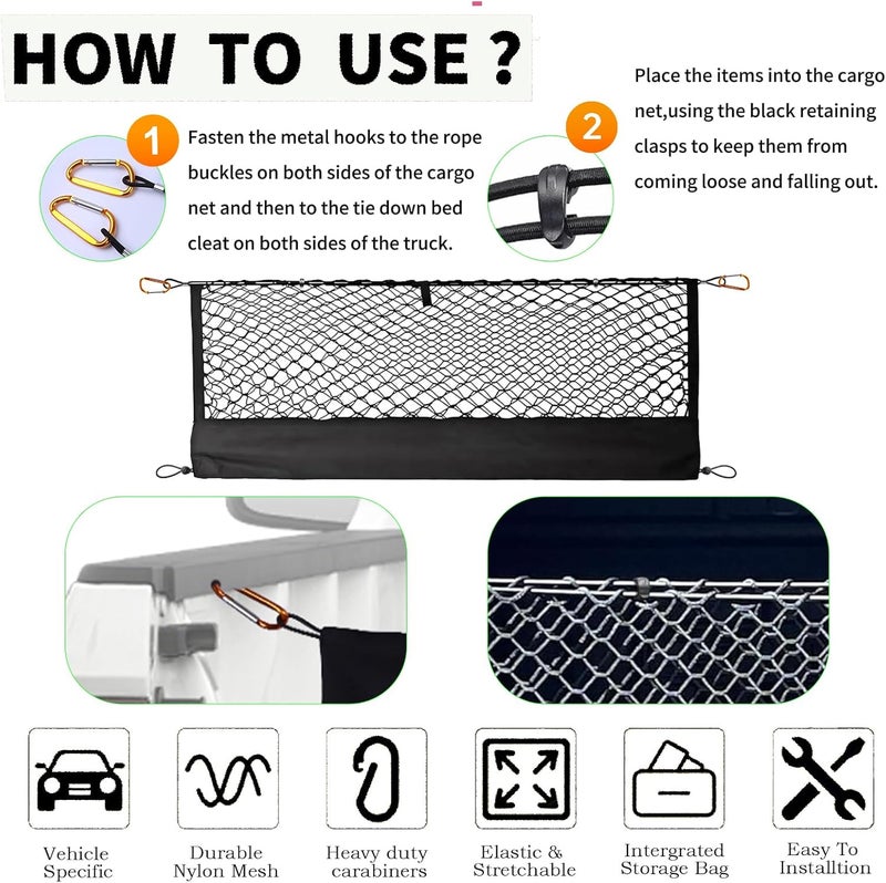 Yinnianets Highly Elastic Truck Bed Cargo Net Compatible with 2024 2025 Ford Ranger, Envelope Style Truck Cargo Net for Ranger Accessories, Upgraded Storage Bag & Heavy Duty Carabiners - Image 5